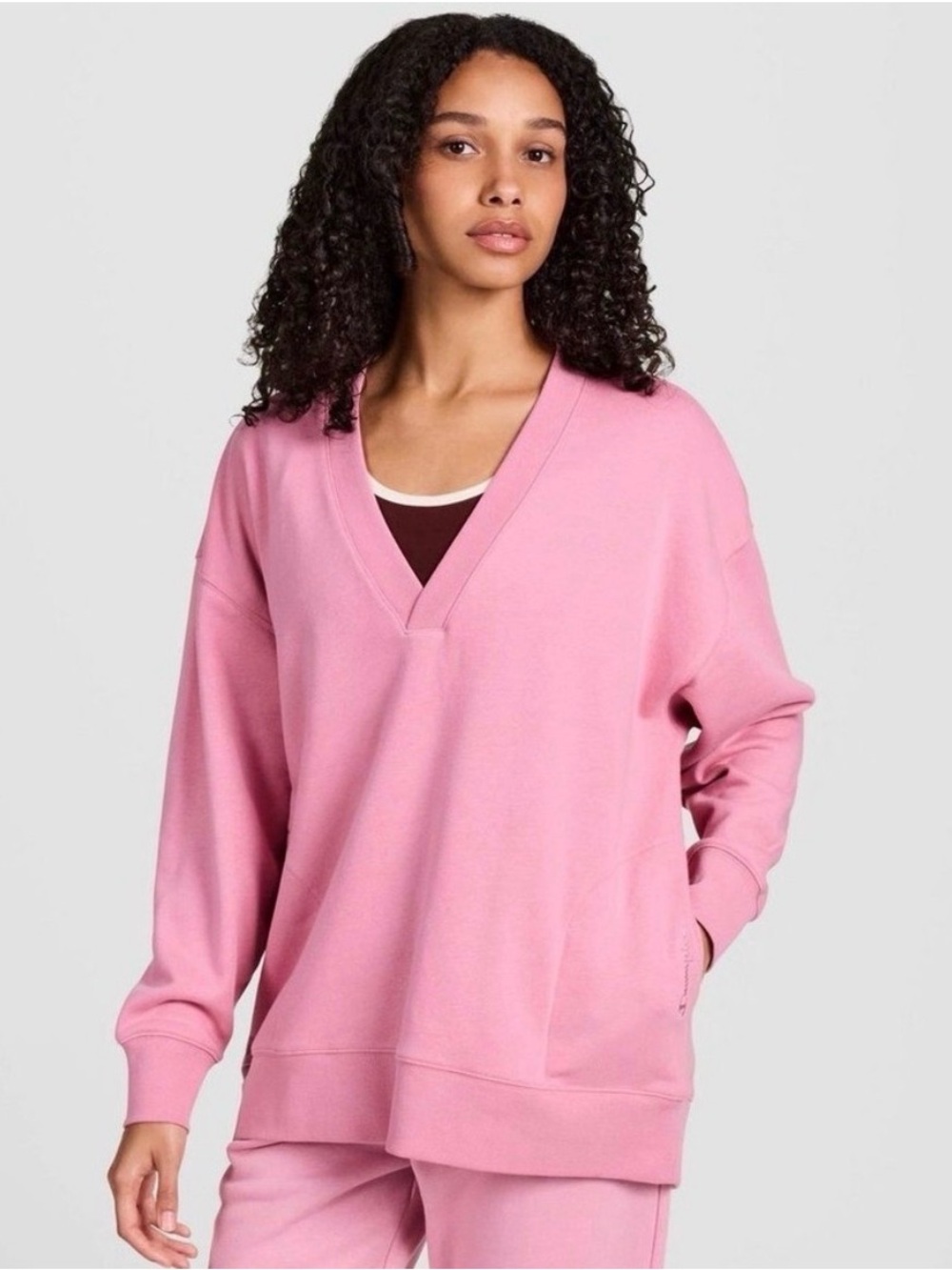 Champion Women’s Gameday Deep V Tunic Pullover Sweatshirt Cosmic Pink Size M